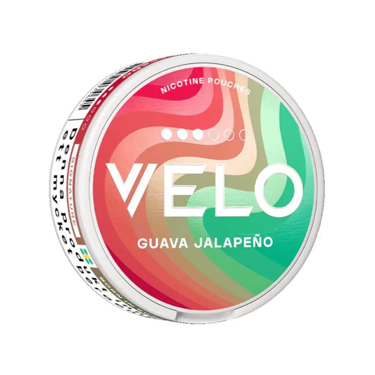 Velo Guava Jalapeno Slim nicotine pouch tin by Killa Snus, featuring vibrant packaging with flavor imagery and brand logo.