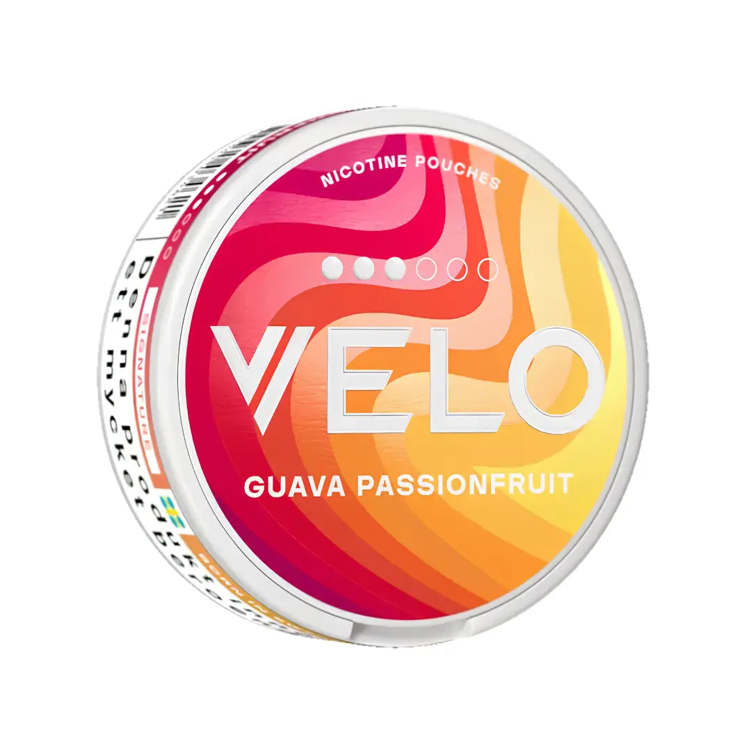 Velo Guava Passionfruit Slim snus pouch from Europesnus.com, featuring bright packaging and slim design for discreet use.