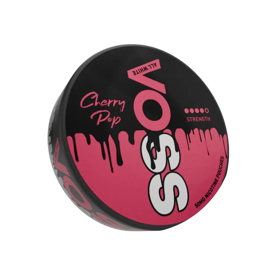 Voss Cherry Pop pouches by Killa Snus, featuring bright cherry flavor packaging with pouches displayed in a row.