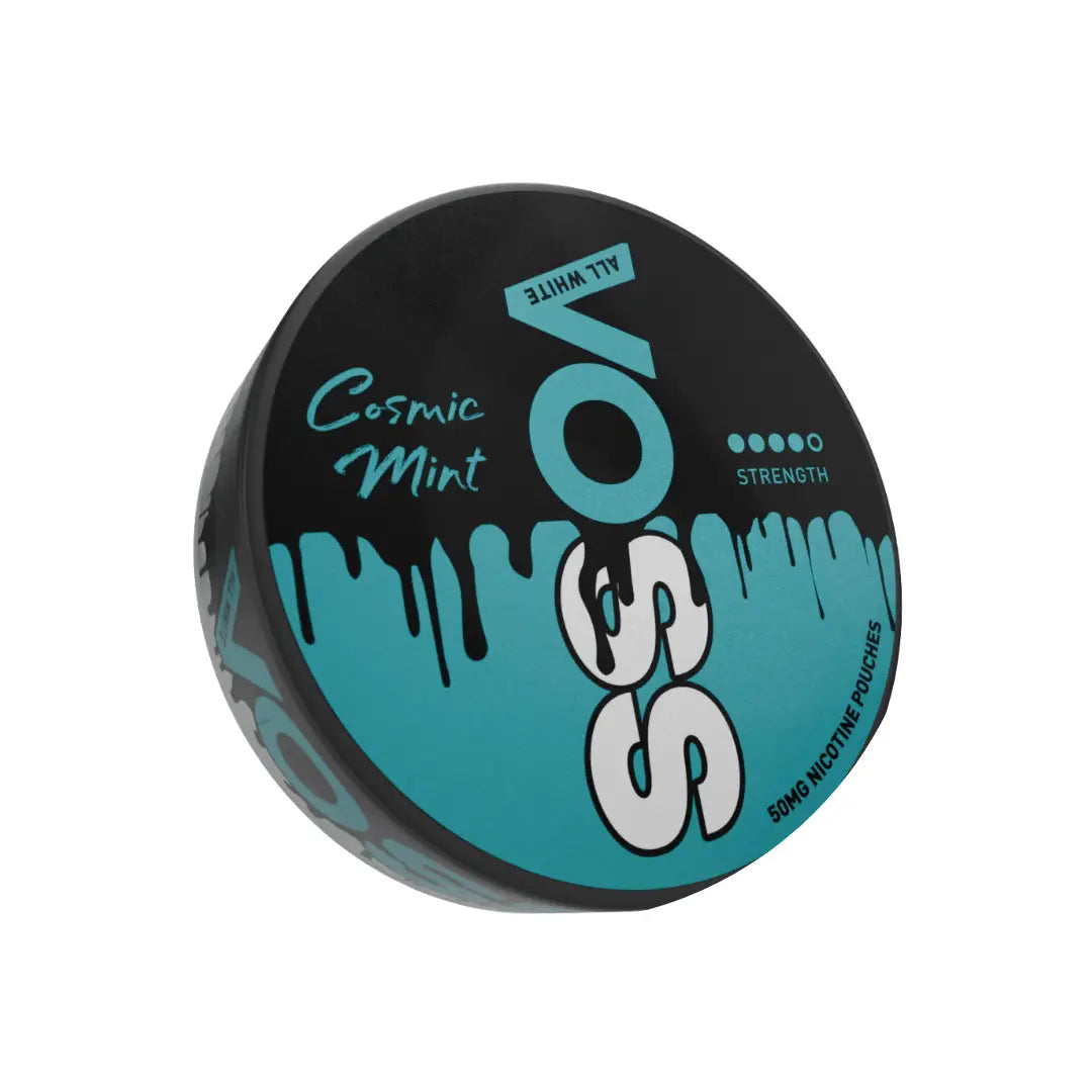 Voss Cosmic Mint pouch snus from Killa Snus, featuring sleek packaging and fresh mint flavor, displayed in the image.