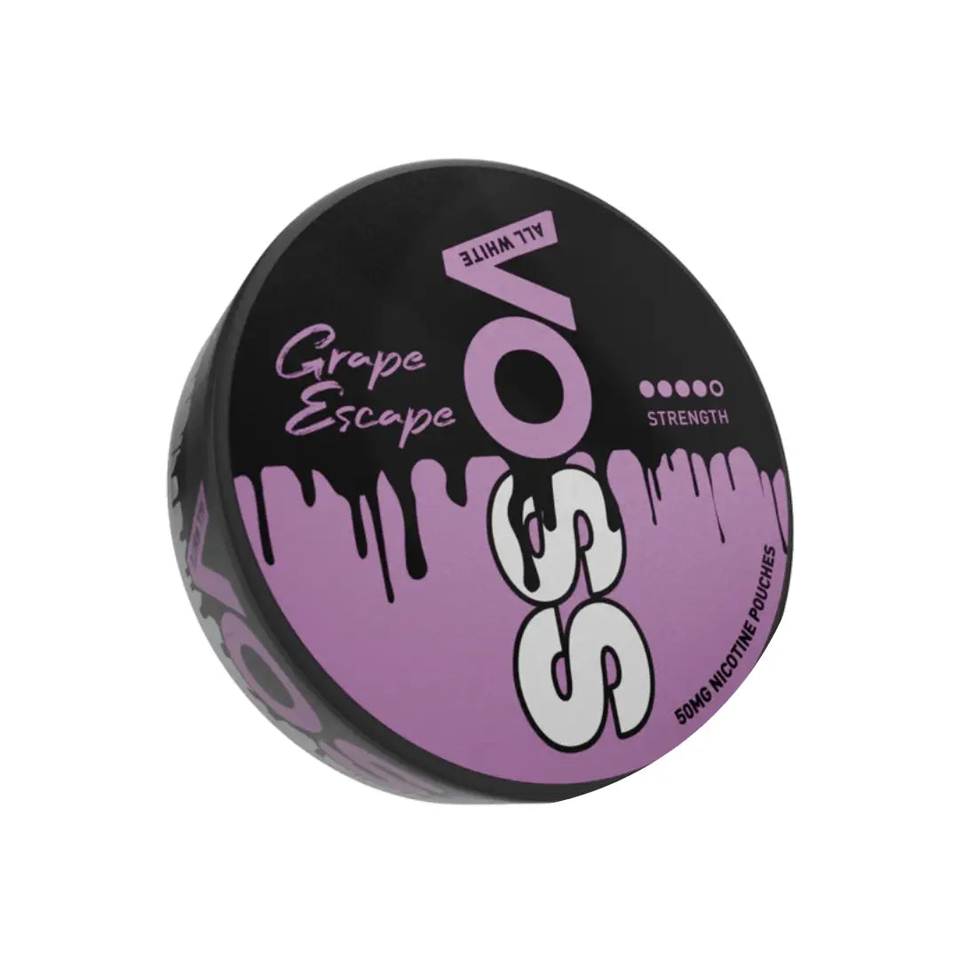 Voss Grape Escape snus pouches in a package, fruity grape flavor, from Killa Snus, designed for discreet tobacco enjoyment.