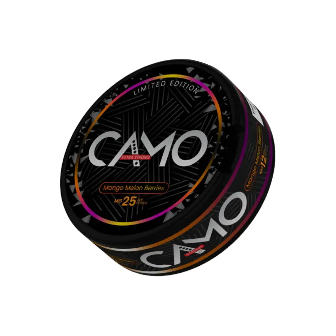 Camo Mango Melon Berries flavor in a limited edition product from Europesnus.com, showing the colorful packaging and product design.