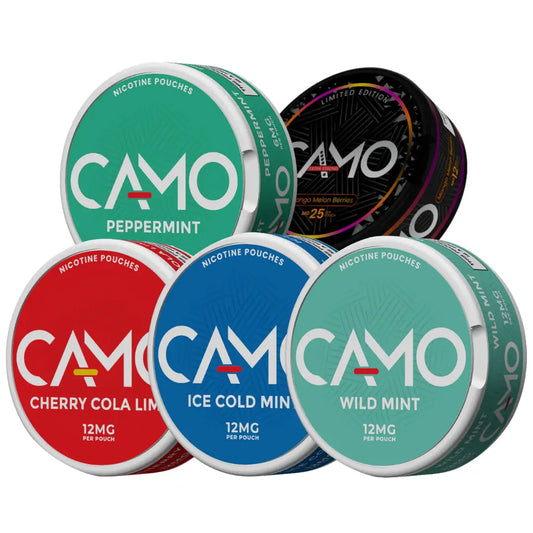 Camouflage mixpack of snus pouches from Europesnus.com, featuring various camo patterns and flavors in a mixed pack.