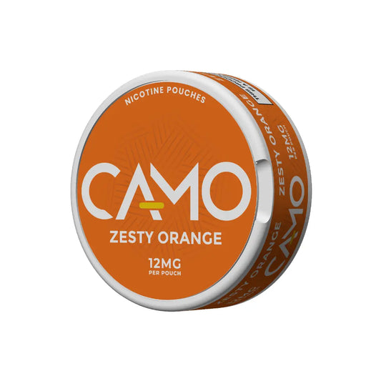Camo Zesty Orange pattern fabric from Europesnus.com, featuring a vibrant orange and camouflage design.