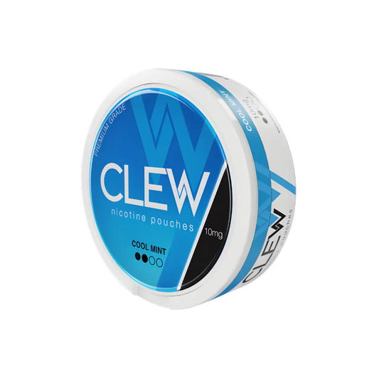 Clew Cool Mint 10mg nicotine pouch from Europesnus.com, showing a sleek silver container with mint-flavored pouches inside.