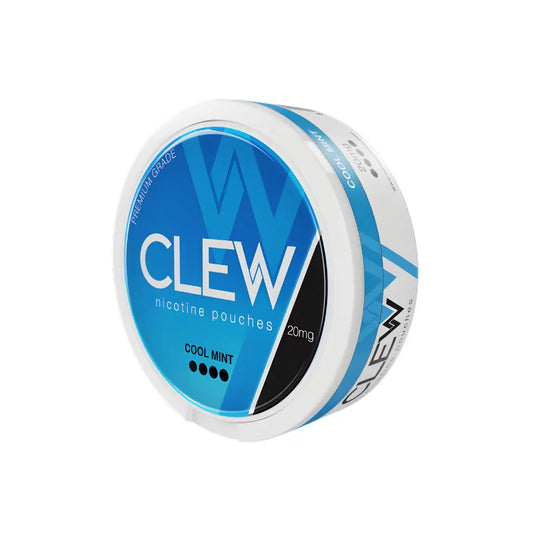 Cooling mint-flavored nicotine pouch by Clew, featuring fresh mint packaging with the product name and dosage of 20mg.
