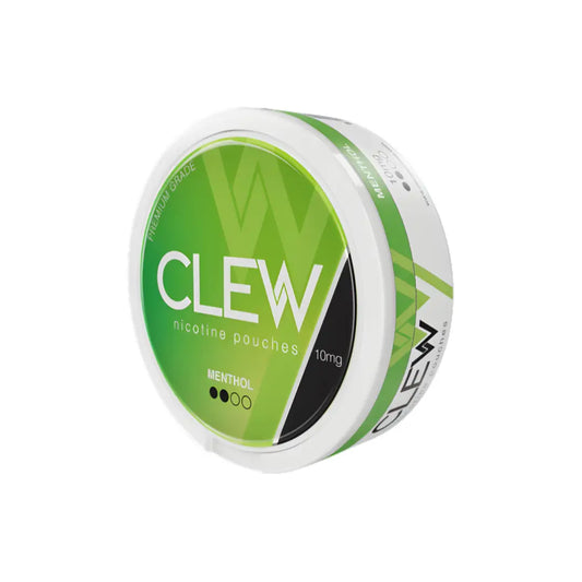 Menthol 10mg nicotine pouch by Clew, showing a sleek silver container with the product label and pouch inside.