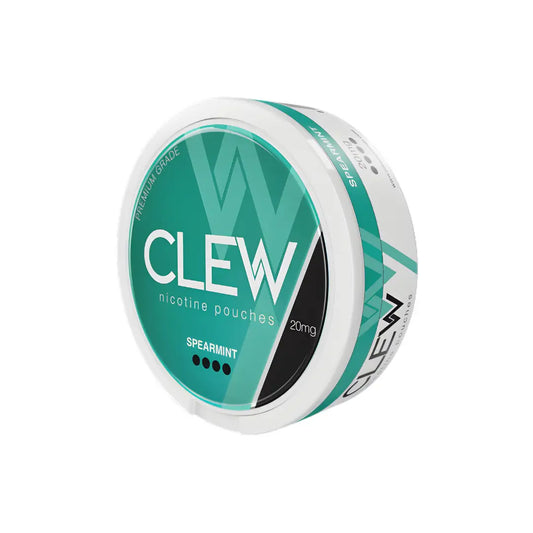 Close-up of a Clew Spearmint 20mg nicotine pouch from Europesnus.com, showing the packaging with spearmint flavor branding.