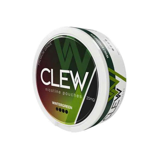 Close-up of Clew Wintergreen 20mg nicotine pouch pouch with green packaging and branding, designed for discreet use.