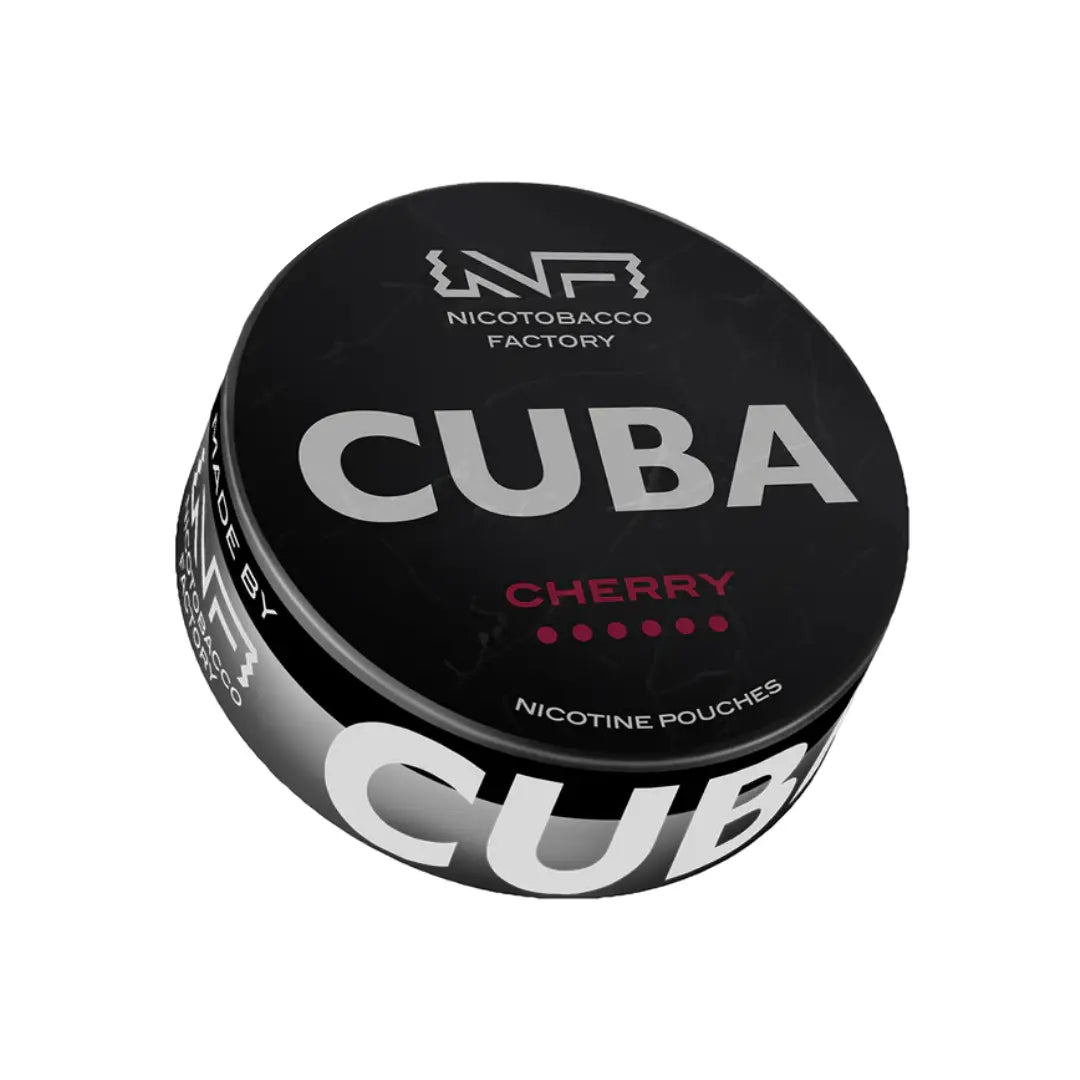 Cuba Black Cherry flavored tobacco pouch with black cherry pieces and tobacco leaves, designed for smooth smoking experience