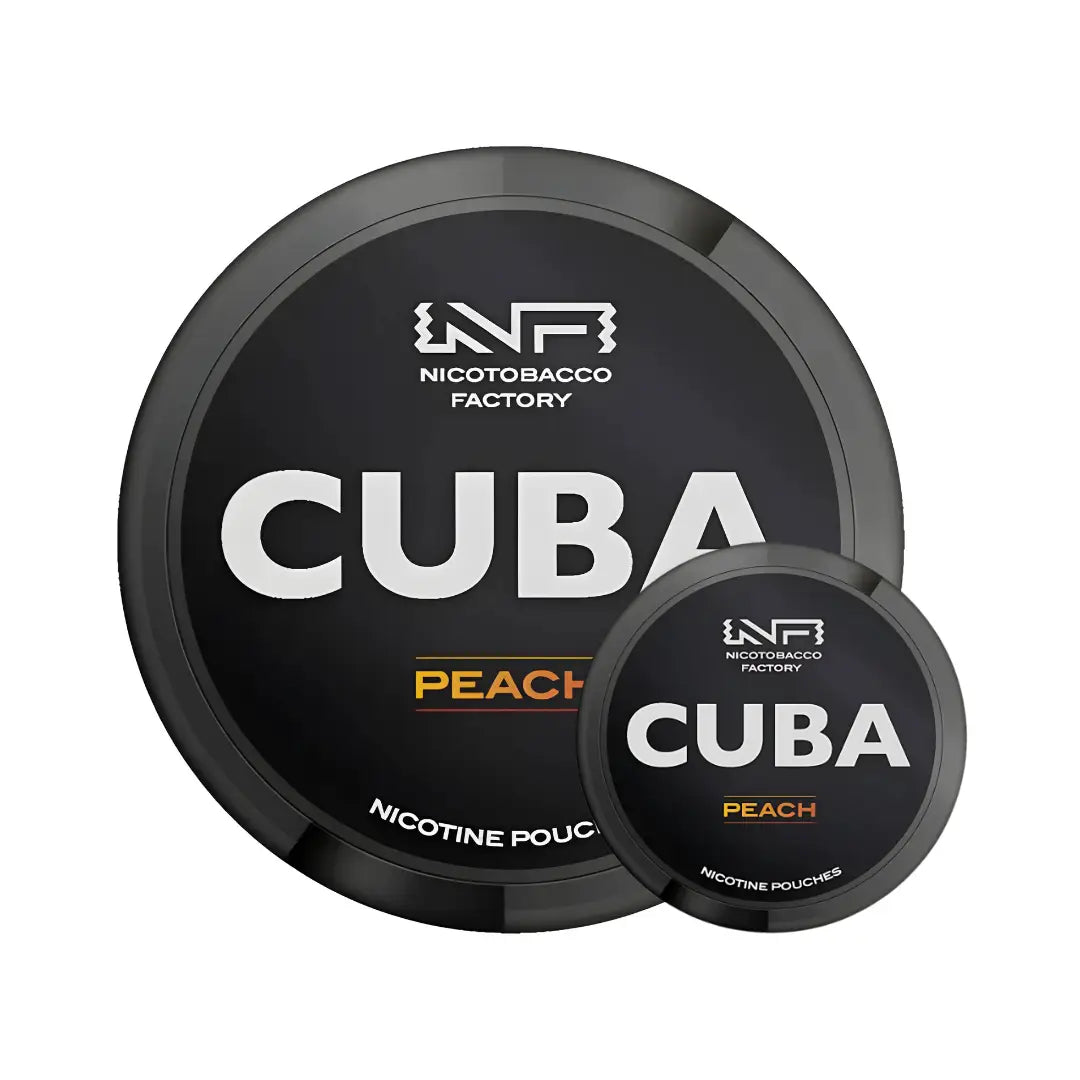 Cuba Black Peach Mega Can by Europesnus.com, featuring a sleek black can with vibrant peach graphics and branding.