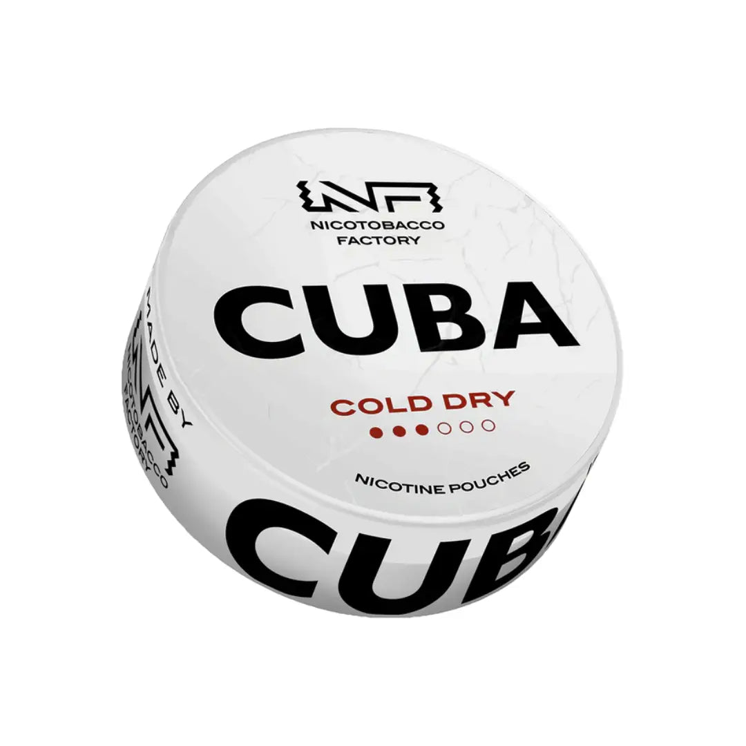 Cuba White Cold Dry snus pouch showing white tobacco filling and sleek packaging for Europesnus.com product.