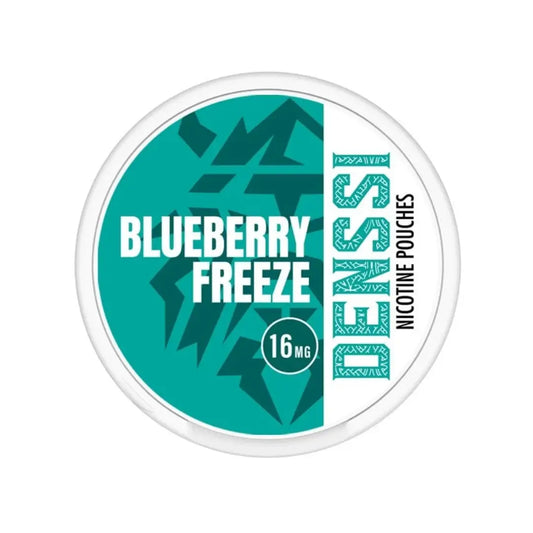 Frozen Denssi Blueberry Freeze by Europesnus.com, showing a clear container filled with vibrant blue frozen blueberries.