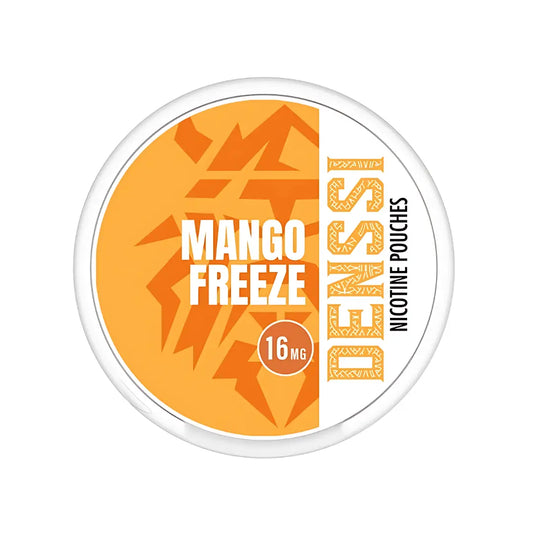 Denssi Mango Freeze by Europesnus.com showing a close-up of the frozen mango treat in a clear container with vibrant orange color.