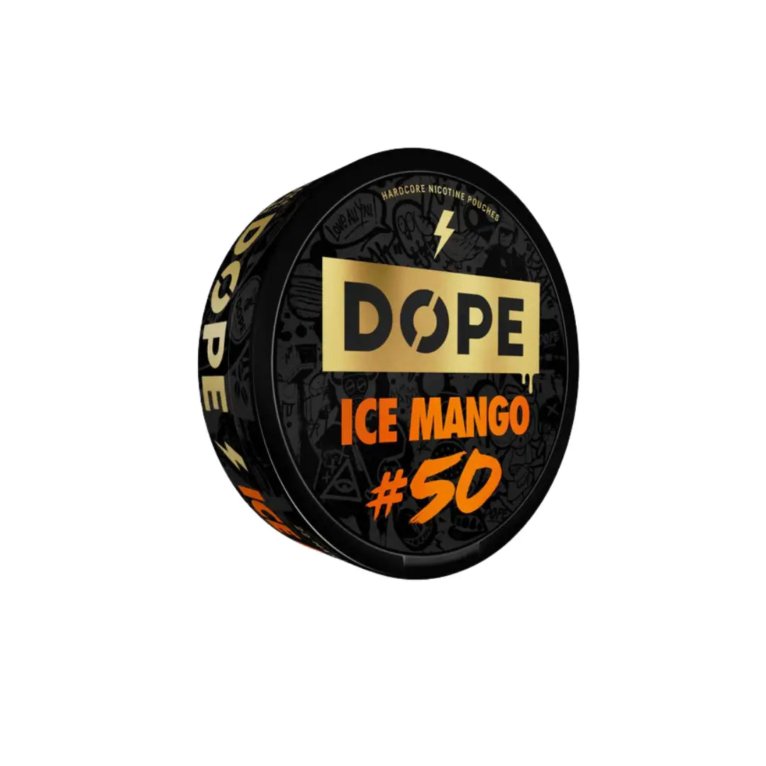 Close-up of Dope Ice Mango 50mg vape cartridge with colorful packaging, showcasing the product's vibrant design and branding.
