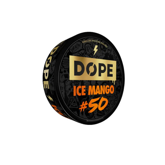 Close-up of Dope Ice Mango 50mg vape cartridge with colorful packaging, showcasing the product's vibrant design and branding.