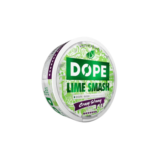 Close-up of a Dope Lime Smash Crazy Strong energy drink can with vibrant green and black branding, featuring the Europesnus.com logo.