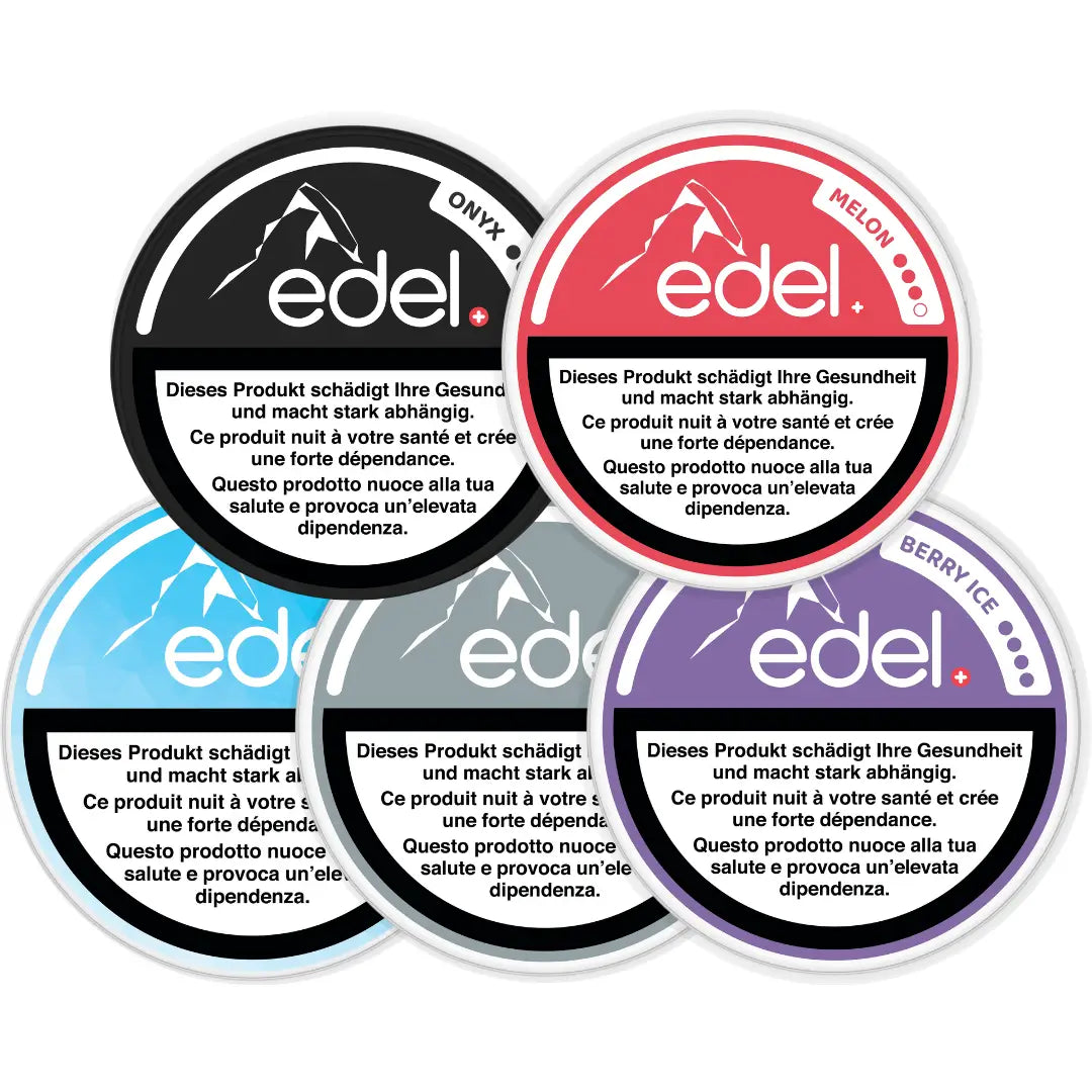 Edel Mixpack from Europesnus.com showing a selection of flavored snus pouches in a variety of flavors and packaging.