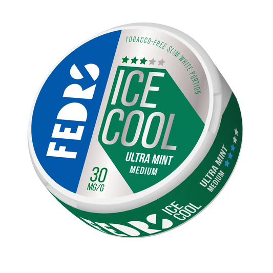 Europesnus Fedrs Ice Cool Medium Ultra Mint chewing gum pack with vibrant mint design and branding on the packaging.