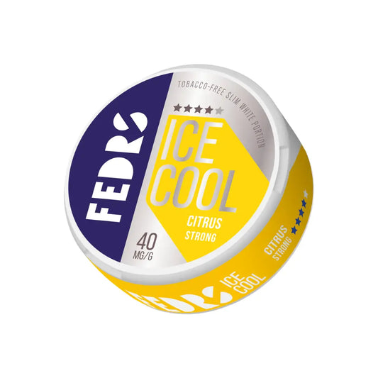 Fedrs Ice Cool Strong Citrus flavor in a sleek container, showcasing vibrant citrus illustrations on a white background.