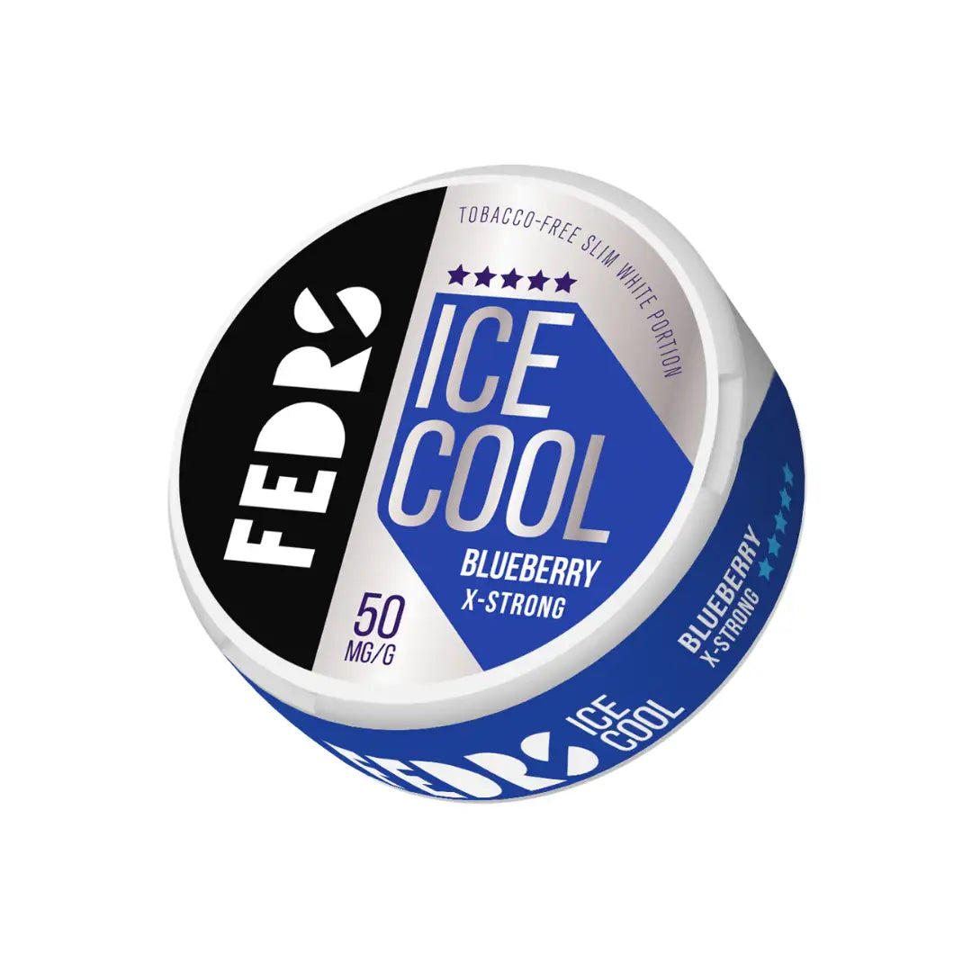 Fedrs Ice Cool X-Strong Blueberry e-liquid bottle with vibrant blue packaging and label showing blueberry flavor and cooling effects.