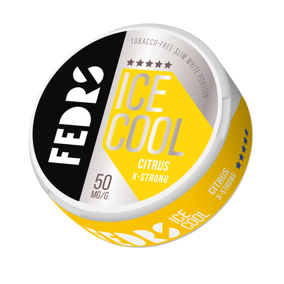 Citrus-flavored Fedrs Ice Cool X-Strong energy drink can with citrus design, showcasing the product label and vibrant colors.