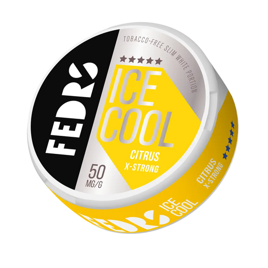 Citrus-flavored Fedrs Ice Cool X-Strong energy drink can with citrus design, showcasing the product label and vibrant colors.