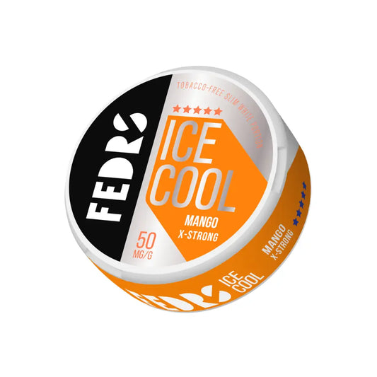 Fedrs Ice Cool X-Strong Mango flavor e-liquid bottle, featuring vibrant mango design on a 1080x1080px label.