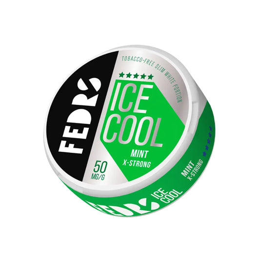 Fedrs Ice Cool X-Strong Mint from Europesnus.com, displaying fresh mint candies in a clear package with vibrant blue and green accents.