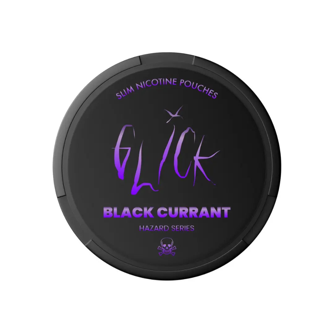 Glick Black Currant Hazard Series e-liquid bottle with black label and dropper cap, showcasing the product from Europesnus.com