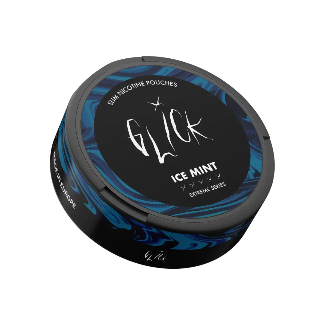 Glick Ice Mint Extreme Series chewing gum package with mint-flavored gum pieces in a sleek blue and white design.
