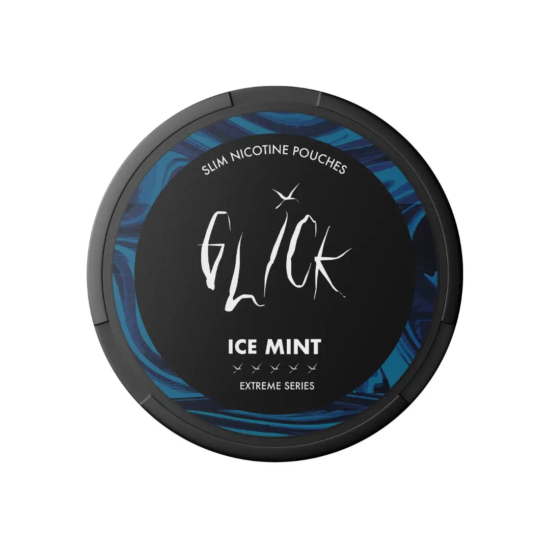 Glick Ice Mint Extreme Series energy drink can with blue and silver design, featuring mint flavor branding and metallic finish.