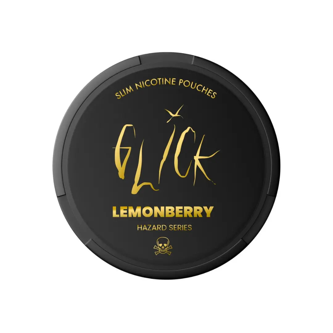 Glick Lemonberry Hazard Series vape device with yellow and black design, featuring brand logo and hazard-themed graphics.