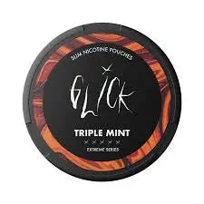 Glick Triple Mint Extreme Series nicotine pouches in a sleek package, featuring vibrant mint-themed branding and clear product labeling.