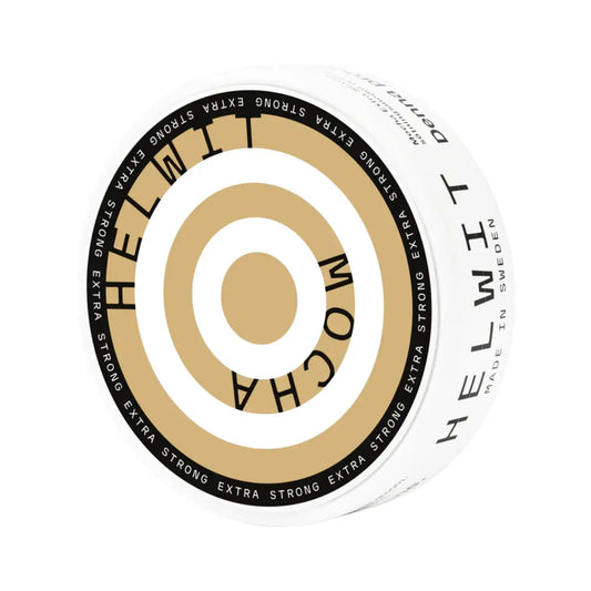 Close-up of a Helwit Mocha XS coffee cup featuring the Europesnus.com logo on a saucer, with a spoon and coffee beans nearby.