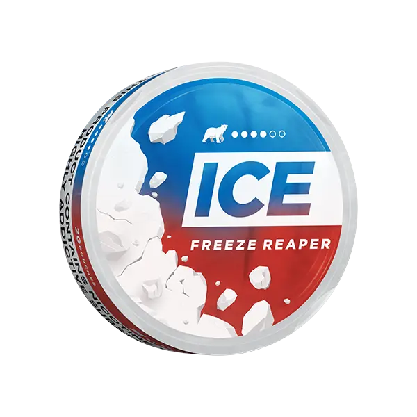 Ice Freeze Reaper 16.5mg energy drink can with black and red design, viewed from a side perspective.