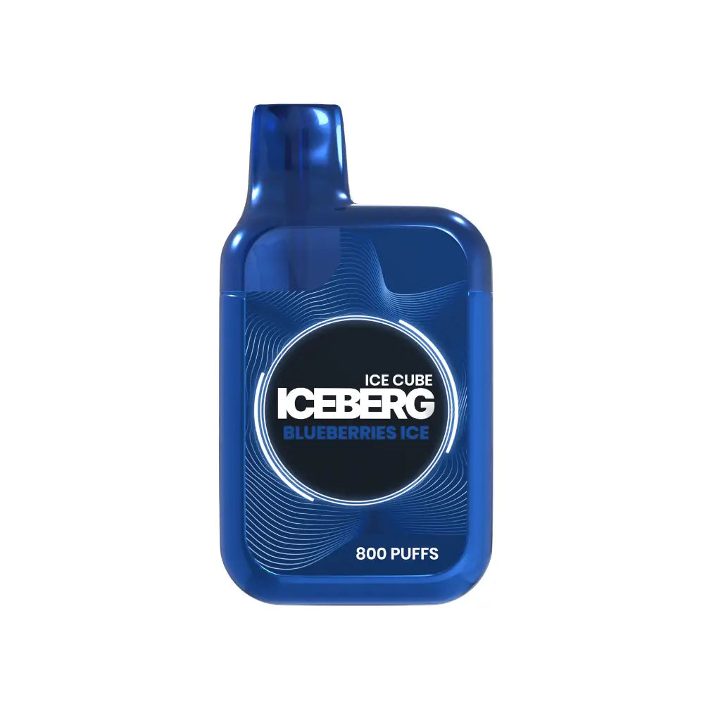 Fresh iceberg blueberries ice cubes in a clear container, showcasing vibrant blue color and icy texture.