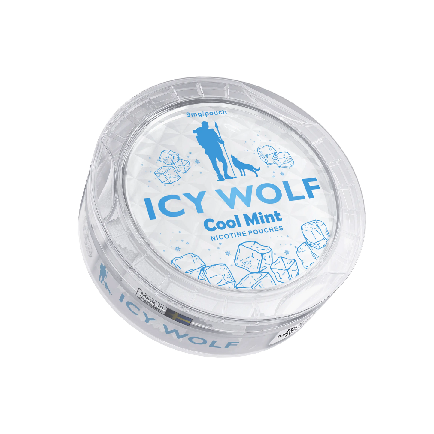 Three Icy Wolf Cool Mint 9mg nicotine pouches in sleek packaging, designed for discreet use and fresh mint flavor.