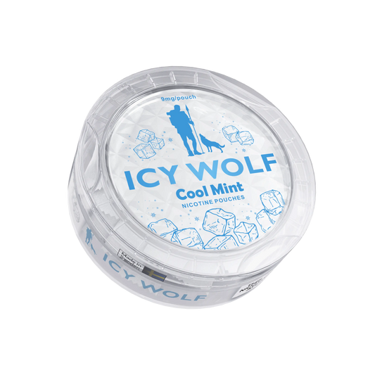 Three Icy Wolf Cool Mint 9mg nicotine pouches in sleek packaging, designed for discreet use and fresh mint flavor.