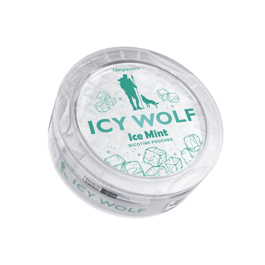Icy Wolf Ice Mint 12mg nicotine pouch in a sleek metal can with mint leaves and icy design, highlighting fresh flavor.