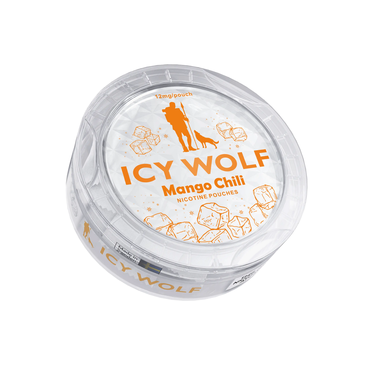 Icy Wolf Mango Chili 12mg vape cartridge showing the colorful label and transparent glass container.