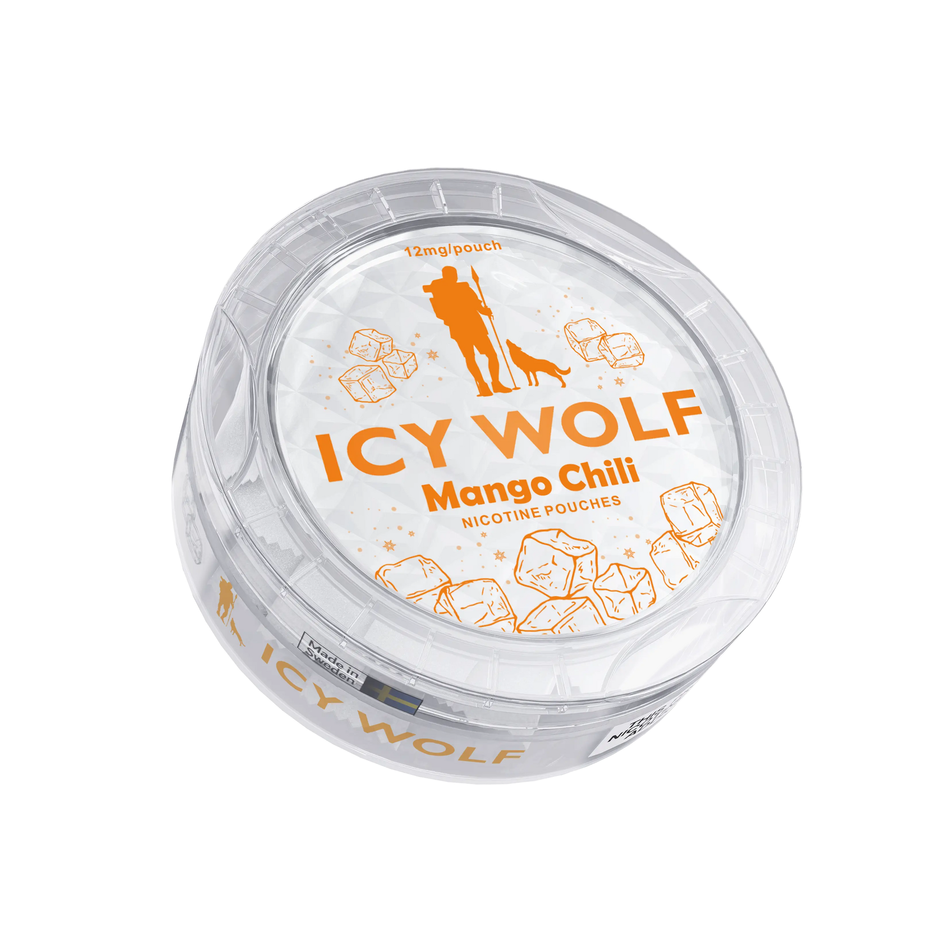 Icy Wolf Mango Chili 12mg vape cartridge showing the colorful label and transparent glass container.
