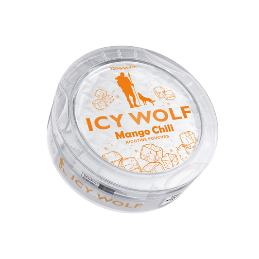 Icy Wolf Mango Chili 12mg vape cartridge showing the colorful label and transparent glass container.