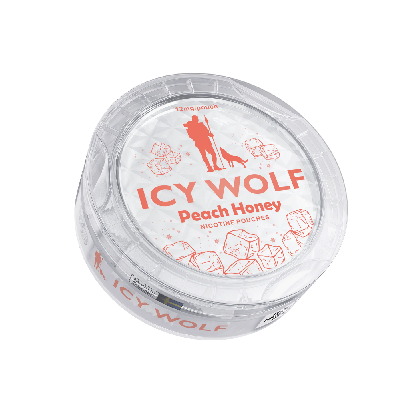 Icy Wolf Peach Honey 12mg e-liquid bottle with label showing peach flavor and honey ingredients for vaping.