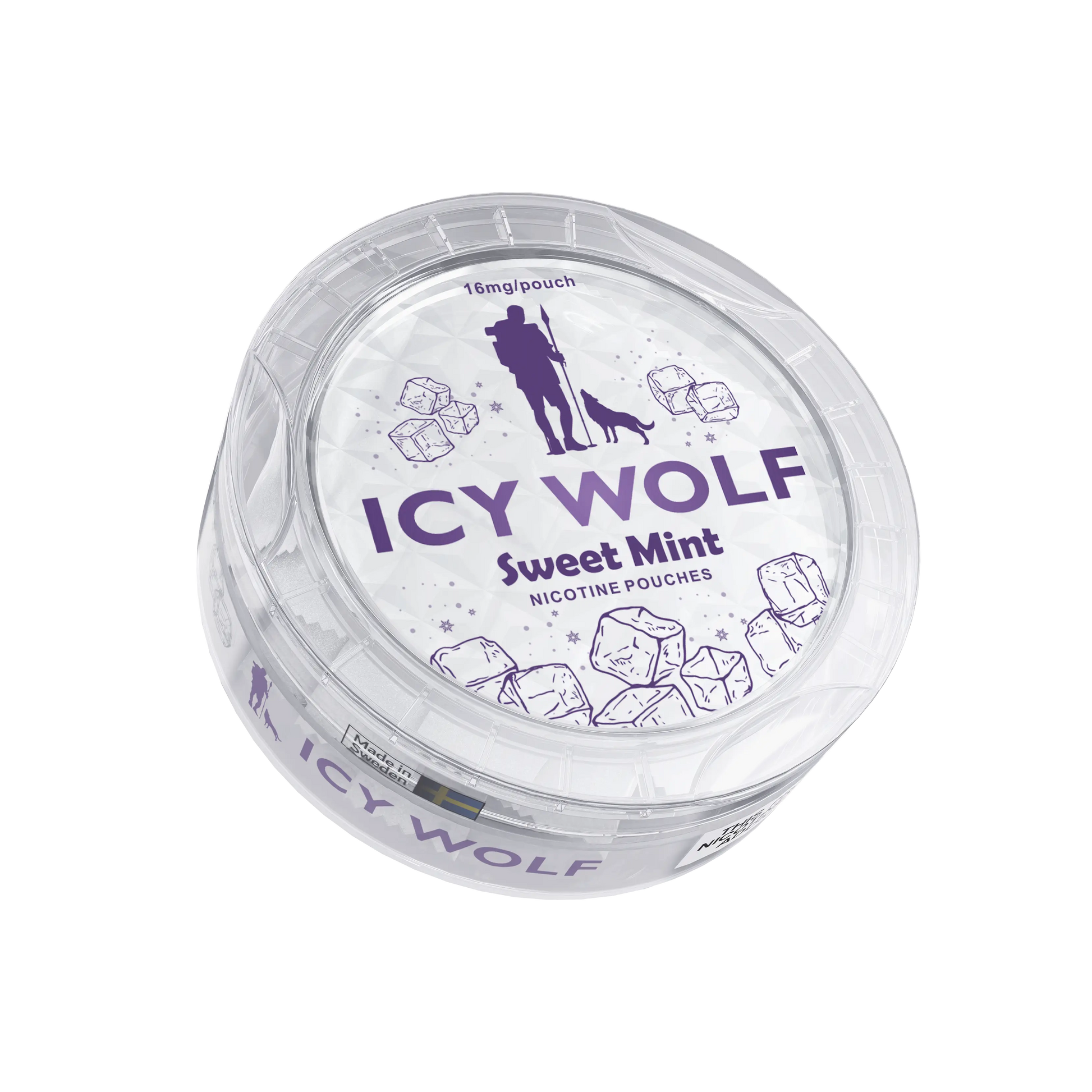 Icy Wolf Sweet Mint 16mg nicotine pouch in a sleek silver can with mint leaves on the label, designed for fresh breath.