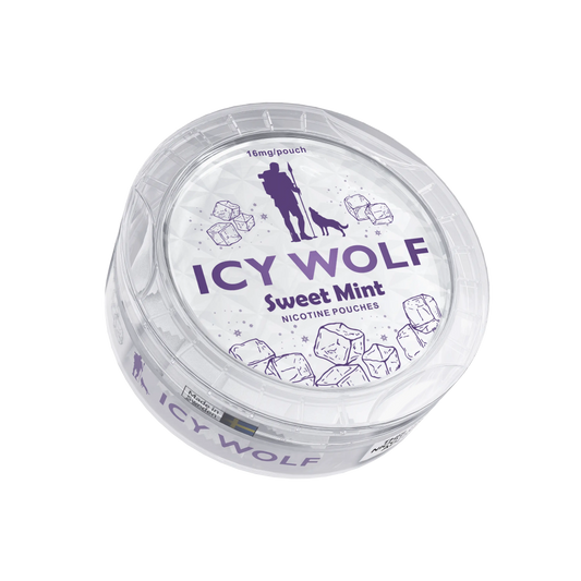 Icy Wolf Sweet Mint 16mg nicotine pouch in a sleek silver can with mint leaves on the label, designed for fresh breath.
