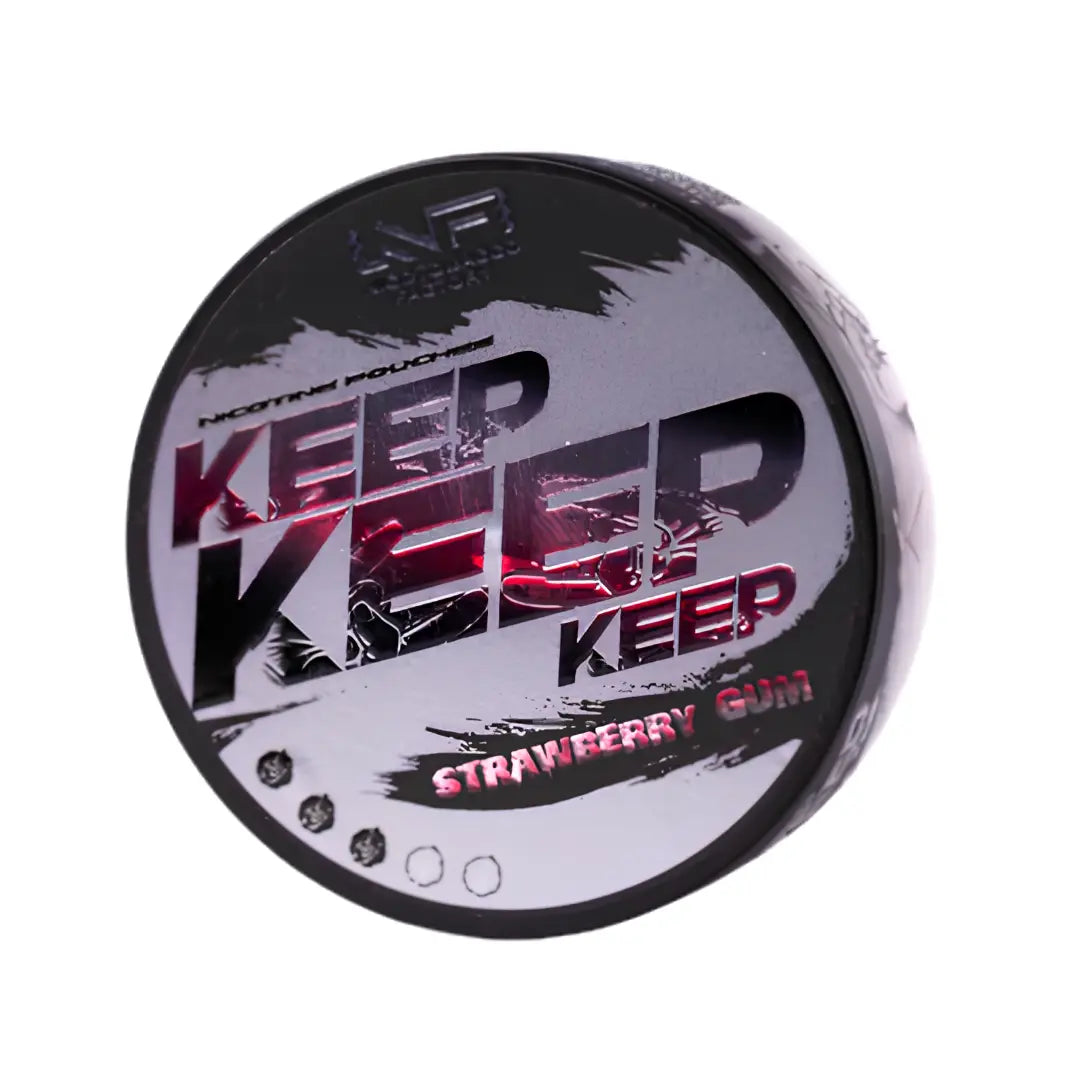 Keep Strawberry Gum by Europesnus.com showing fresh strawberry-flavored chewing gum pieces in bright packaging.