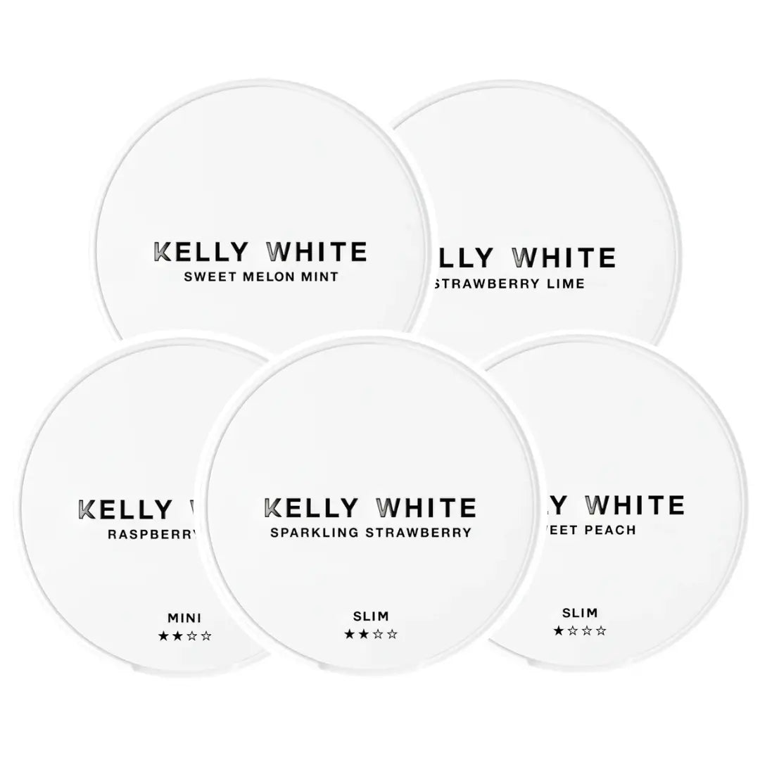Close-up of the Kelly White Mixpack by Europesnus.com showing a variety of white snus sachets in a mixed pack.