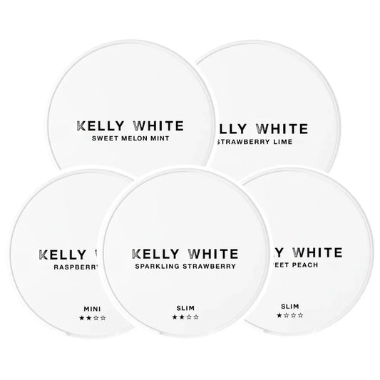Close-up of the Kelly White Mixpack by Europesnus.com showing a variety of white snus sachets in a mixed pack.