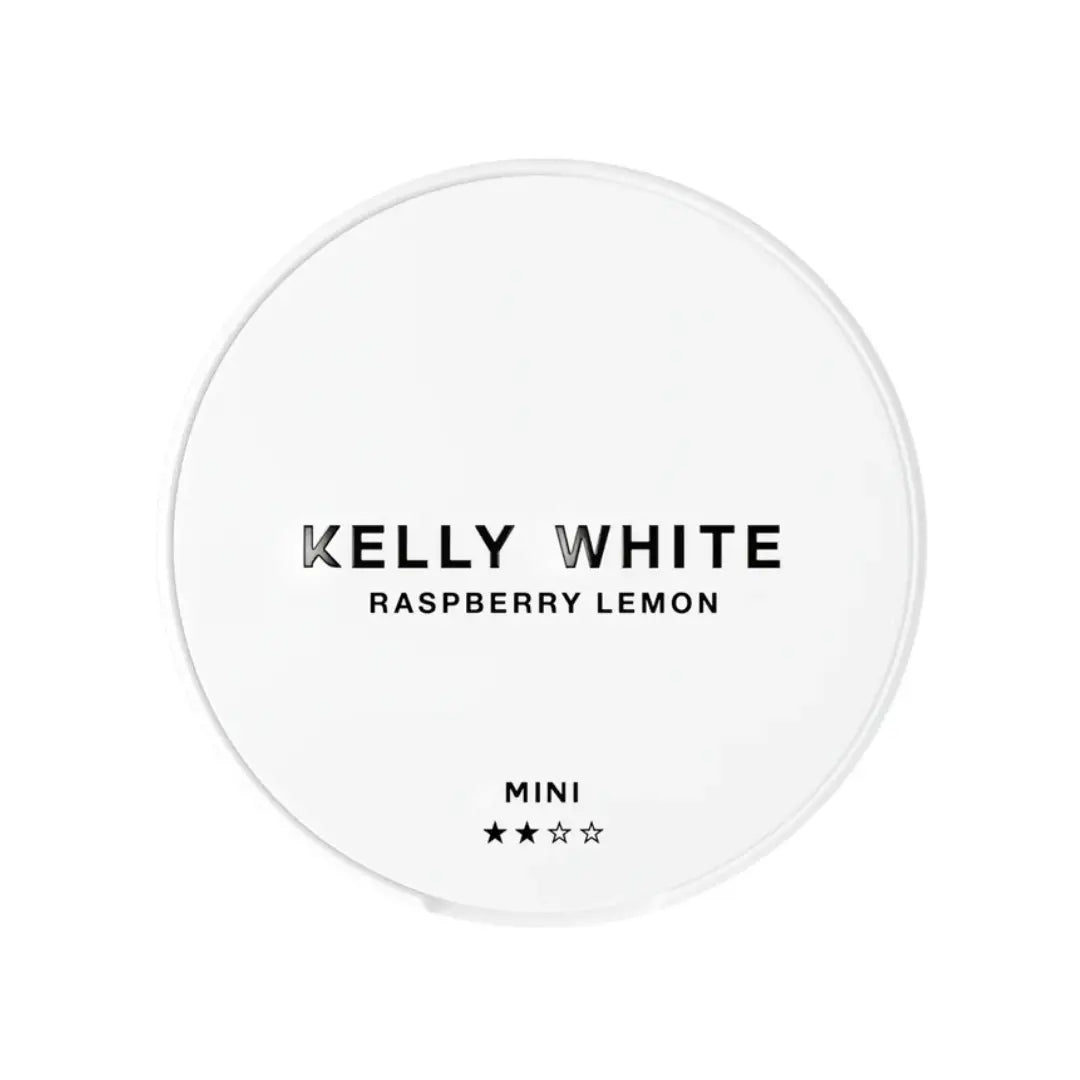 Mini Kelly White Raspberry Lemon flavored product by Europesnus.com, featuring fresh raspberries and lemon slices in a clear container.